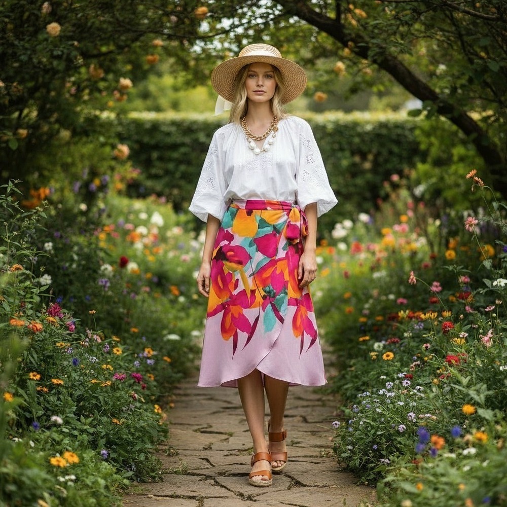 J. Jill Lilac Border Floral Wrap Midi Skirt Pink Orange Size 4 NWT 201211